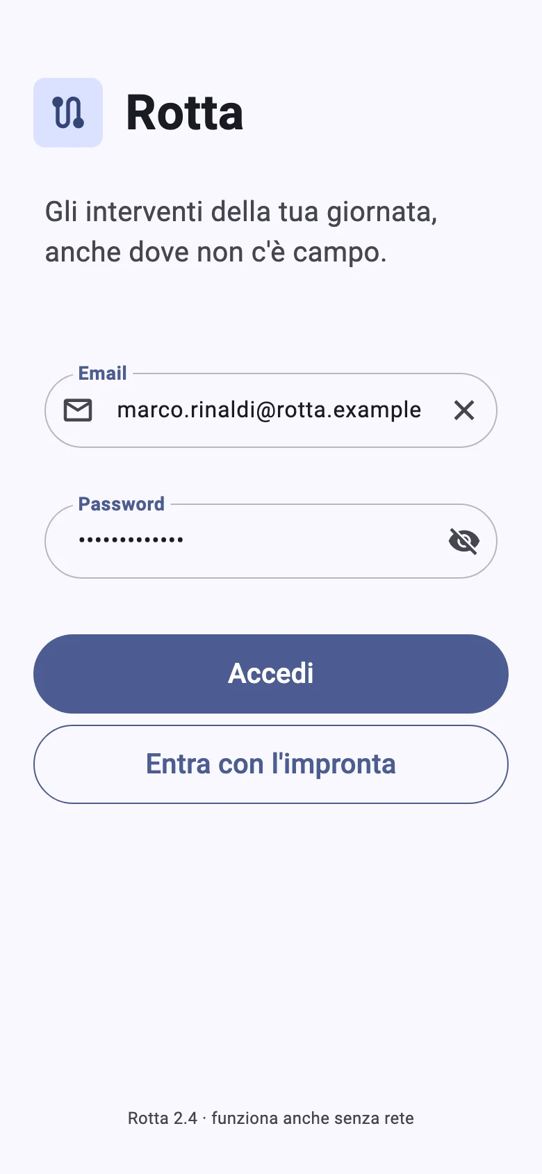 App del tecnico: schermata di accesso con email, password e accesso con l'impronta.