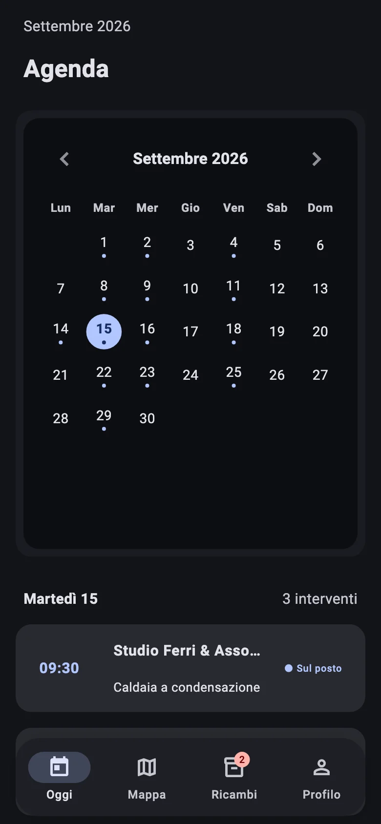 App del tecnico: calendario del mese con i giorni di lavoro e gli interventi del giorno.
