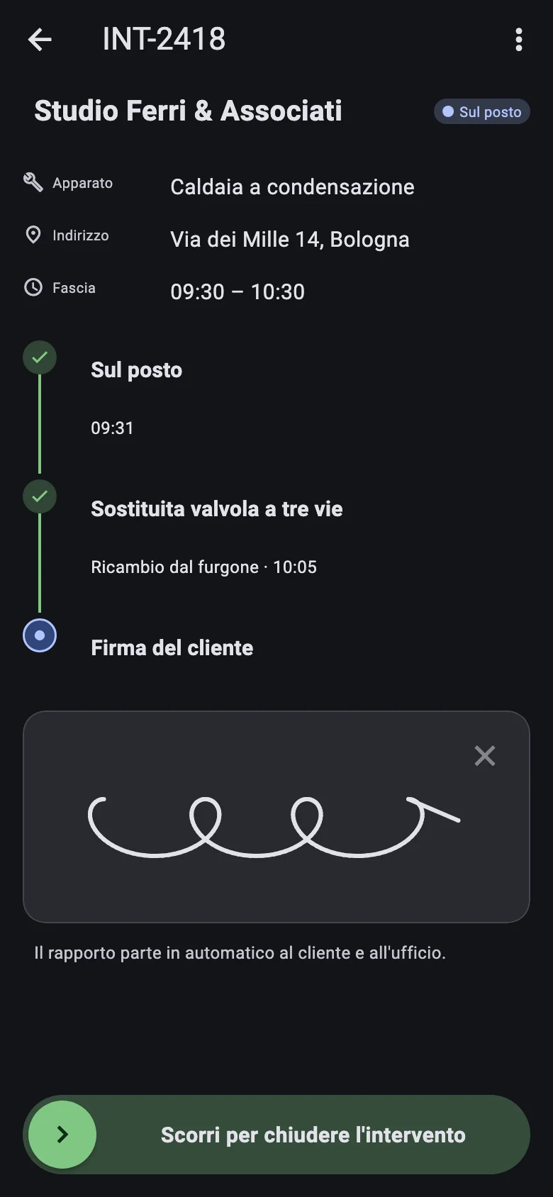 App del tecnico: chiusura dell'intervento con la firma del cliente.
