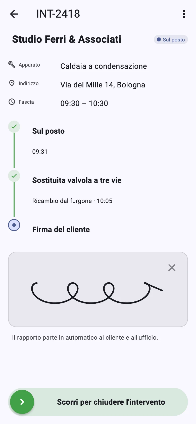 App del tecnico: chiusura dell'intervento con la firma del cliente.