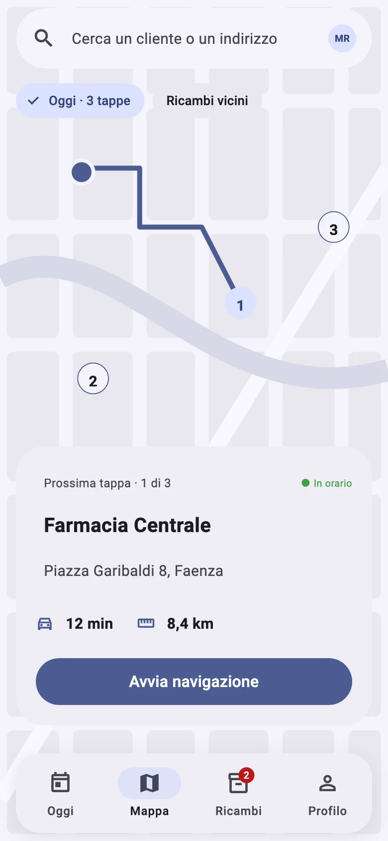 App del tecnico: mappa con le tappe della giornata e la prossima destinazione.