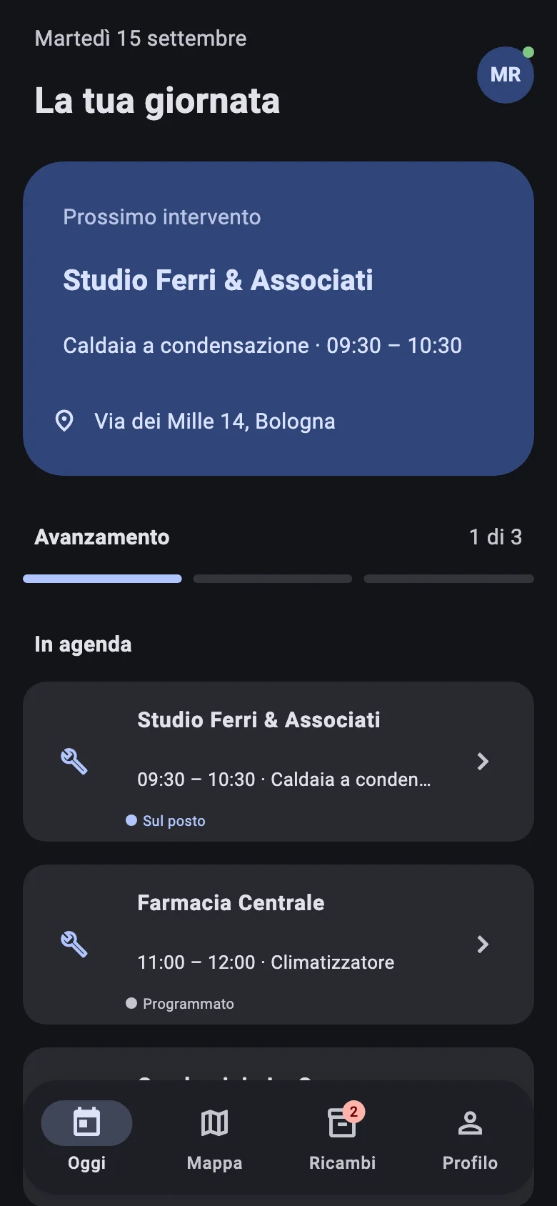 App del tecnico: la giornata con il prossimo intervento e l'agenda.