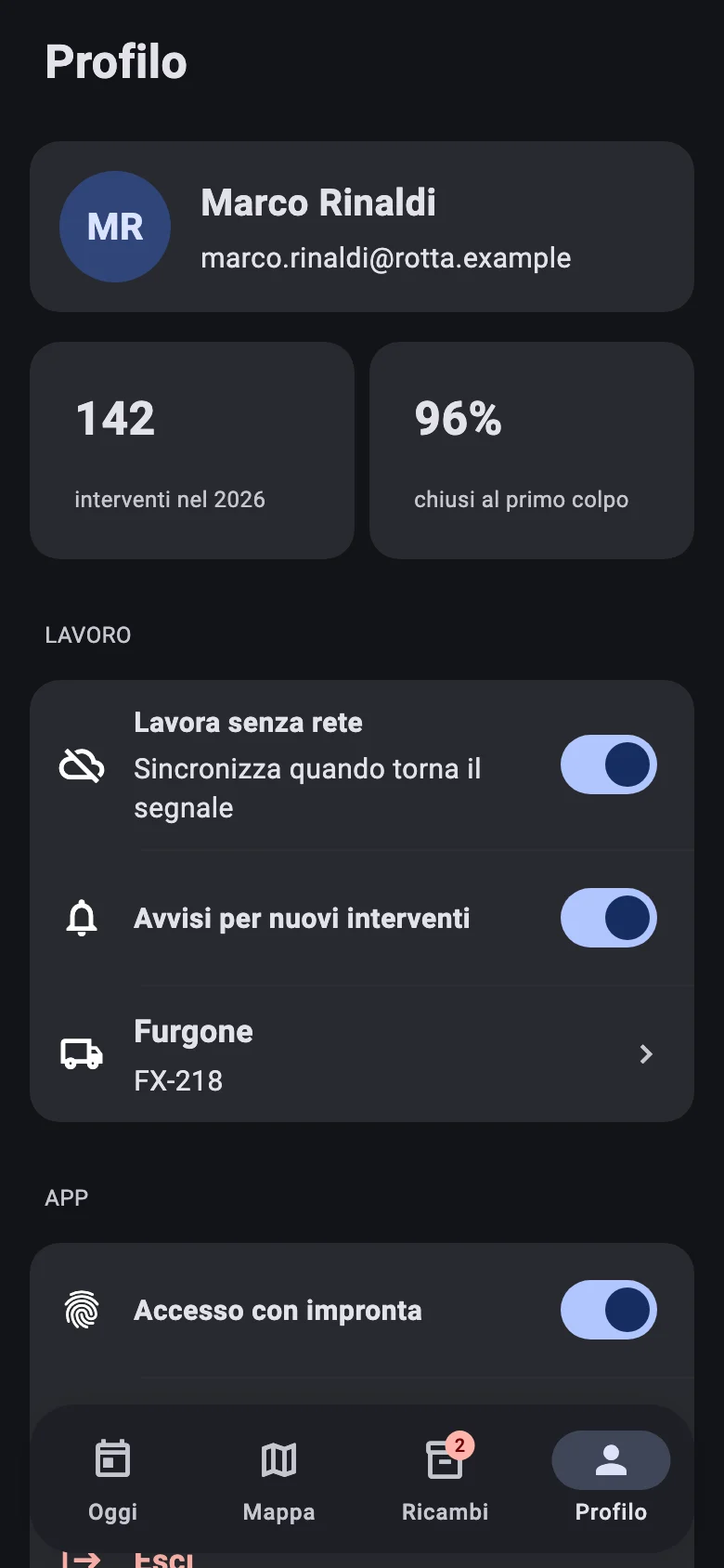 App del tecnico: profilo con le impostazioni di lavoro e dell’app.