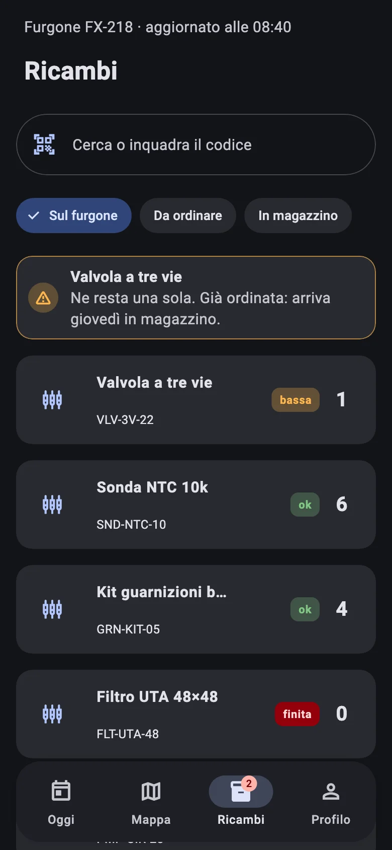 App del tecnico: ricambi sul furgone con le scorte e un avviso di scorta bassa.